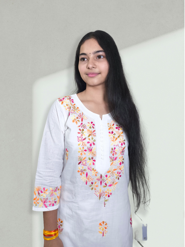 White Hand-Embroidered Floral Kurti